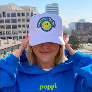 Drink Poppi Smiley Face Adjustable Trucker Hat Baseball SnapBack white aqua